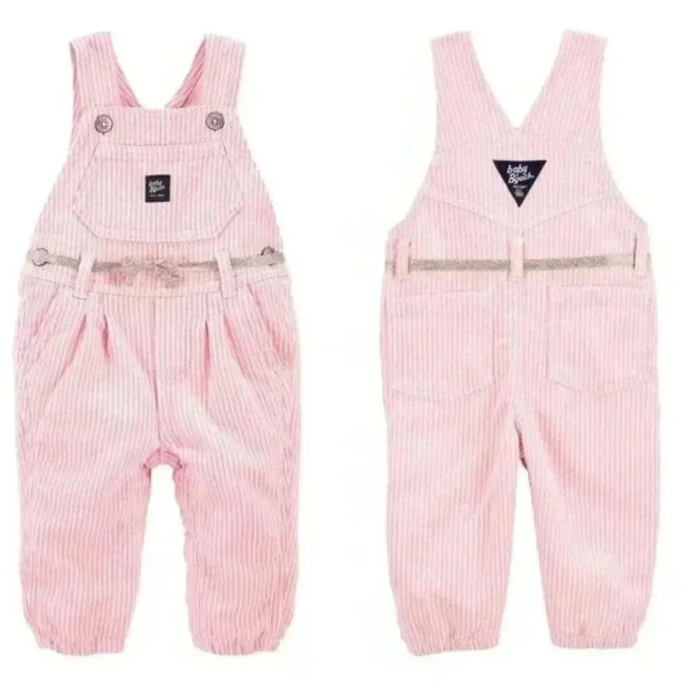 Baby B'gosh Pink and White stripe knit overalls size 24 m